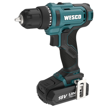 Primer plano del portabrocas de 10 mm sin llave y el selector de velocidad de dos niveles del taladro Wesco.