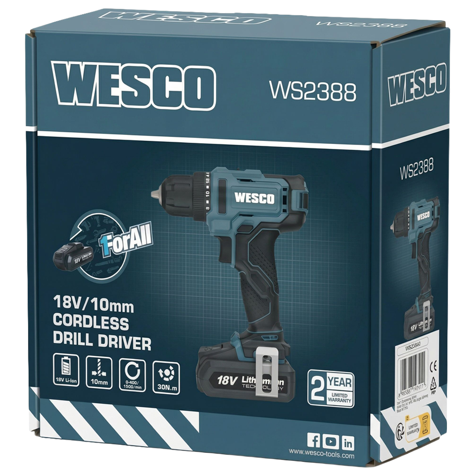 Usuario utilizando el taladro Wesco con el clip de cinturón, mostrando su diseño ergonómico y facilidad de manejo.