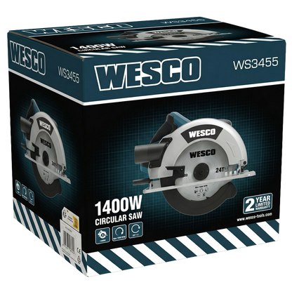 Sierra circular Wesco expuesta junto a su guía paralela de corte recto, llave Allen de servicio y disco para madera de 24 dientes