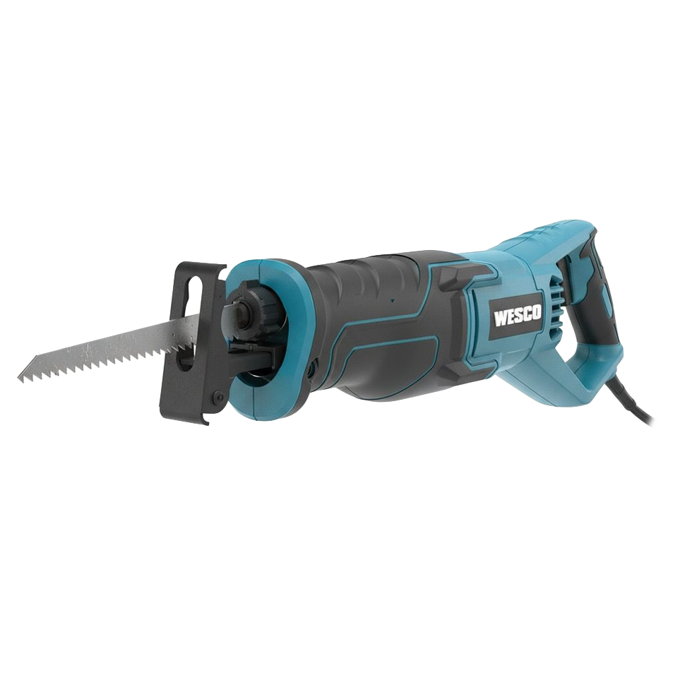 Sierra de sable eléctrica Wesco de 850W con caja de engranajes de aluminio, zapata pivotante y empuñadura de goma.