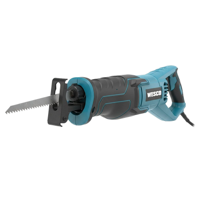 Sierra de sable eléctrica Wesco de 850W con caja de engranajes de aluminio, zapata pivotante y empuñadura de goma.