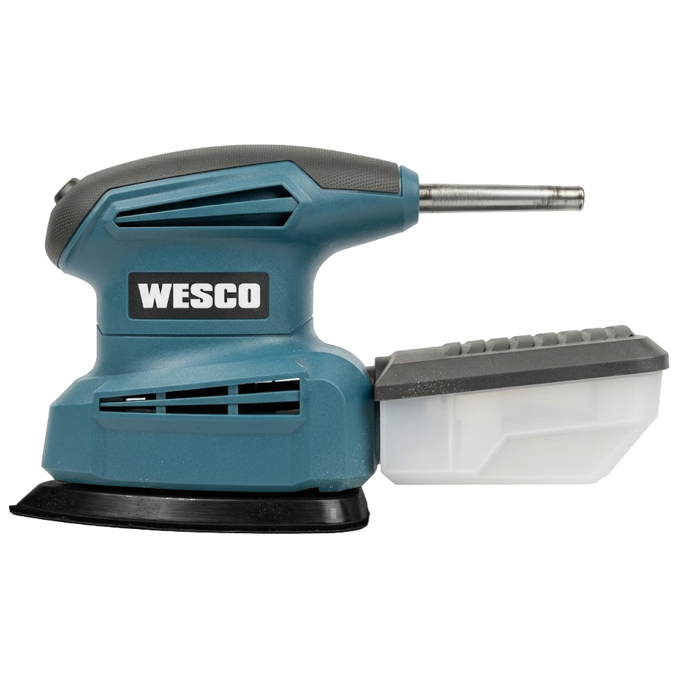 Multilijadora Delta Wesco de 160W con base triangular, caja de recogida de polvo y diseño ergonómico.