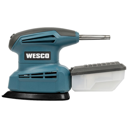 Multilijadora Delta Wesco de 160W con base triangular, caja de recogida de polvo y diseño ergonómico.