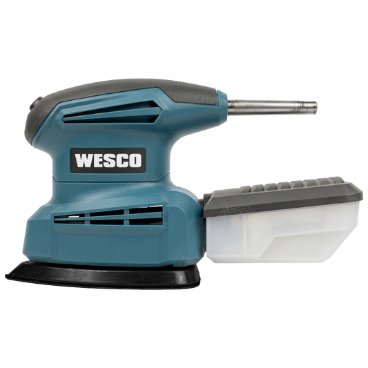 Multilijadora Delta Wesco de 160W con base triangular, caja de recogida de polvo y diseño ergonómico.
