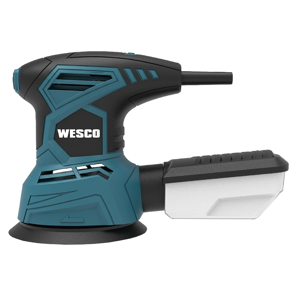 Lijadora excéntrica Wesco de 240W y base de 125 mm, con empuñadura ergonómica de goma y cajón recolector de polvo trasero