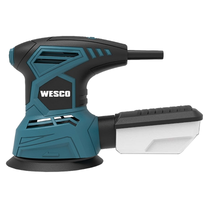 Lijadora excéntrica Wesco de 240W y base de 125 mm, con empuñadura ergonómica de goma y cajón recolector de polvo trasero