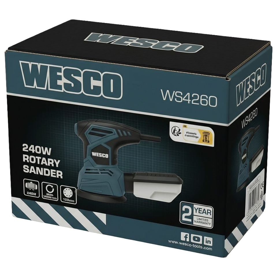Lijadora Wesco de 240W puliendo la superficie de una mesa de madera, destacando el control de velocidad variable en el agarre superior