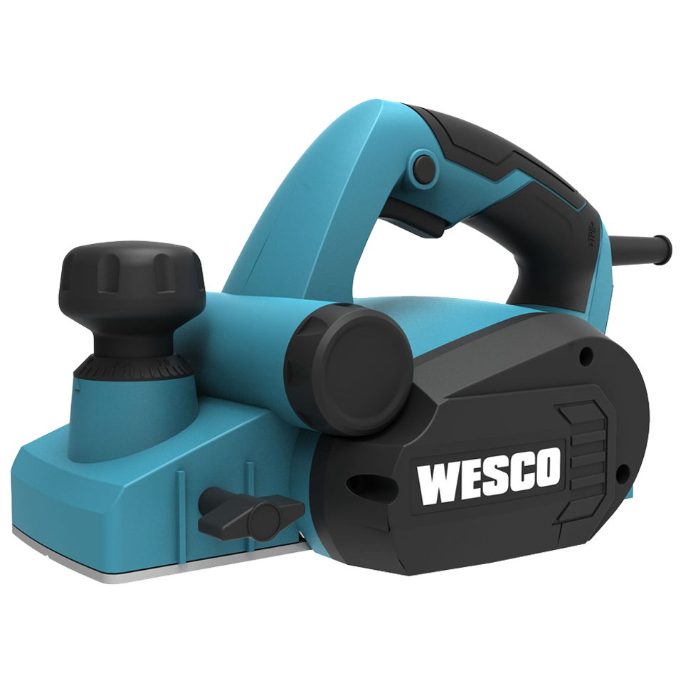 Cepillo eléctrico para madera Wesco de 650W con perilla frontal de ajuste de profundidad, empuñadura de goma y accesorios de guiado.