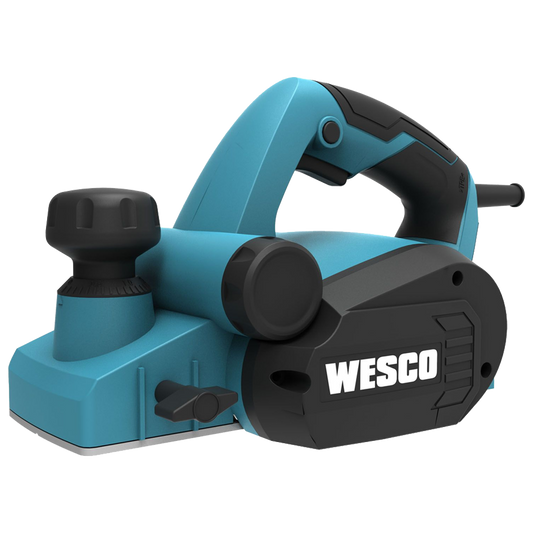 Cepillo eléctrico para madera Wesco de 650W con perilla frontal de ajuste de profundidad, empuñadura de goma y accesorios de guiado.