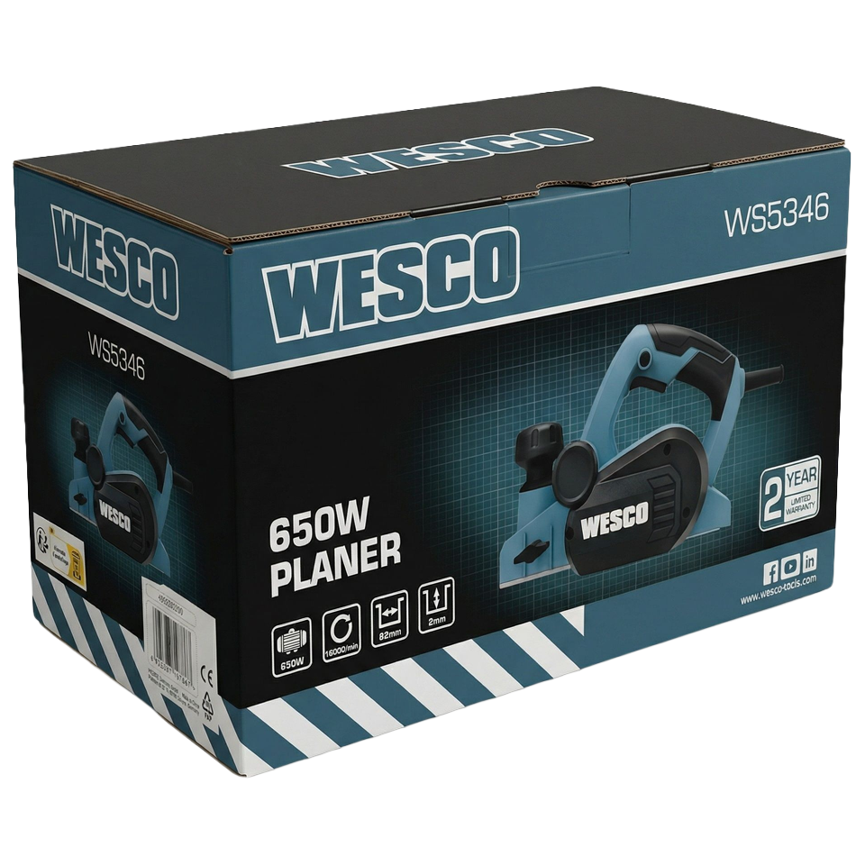 Selector manual de expulsión de virutas en el cepillo eléctrico Wesco WS5346, mostrando la salida doble reversible.