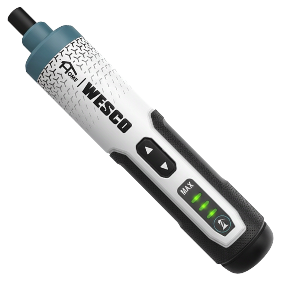 Atornillador inalámbrico Wesco 3.6V con diseño ergonómico, luz LED doble y set de accesorios en caja de almacenamiento