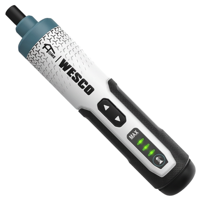 Atornillador inalámbrico Wesco 3.6V con diseño ergonómico, luz LED doble y set de accesorios en caja de almacenamiento