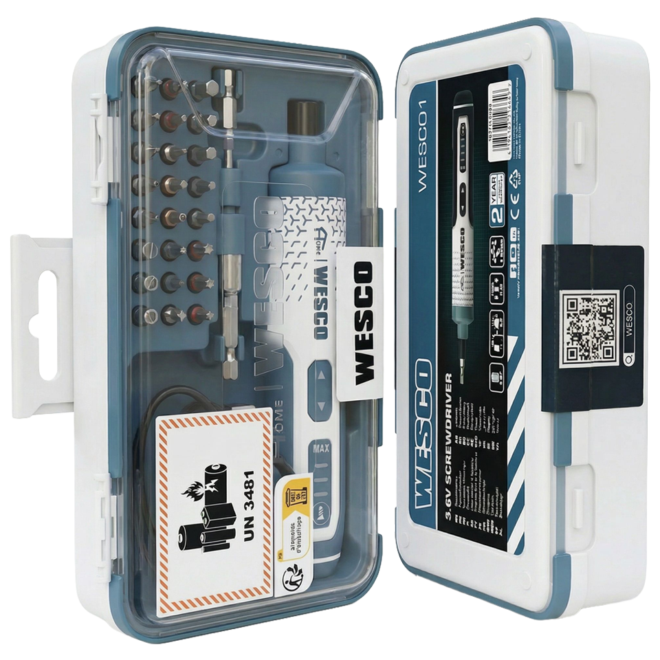Kit completo de atornillador Wesco mostrando las 24 puntas con anillos de color, portapuntas magnético, cable USB-C y estuche de transporte.