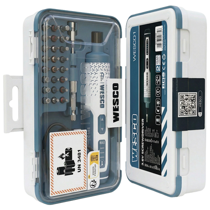 Kit completo de atornillador Wesco mostrando las 24 puntas con anillos de color, portapuntas magnético, cable USB-C y estuche de transporte.