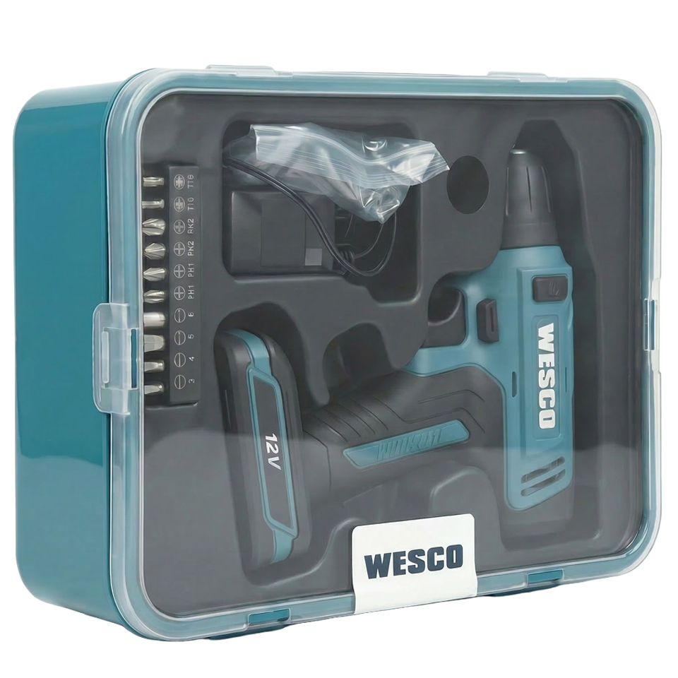 Taladro Wesco con el kit completo de accesorios que incluye cargador, soporte magnético, brocas HSS y set de 10 puntas de destornillador.