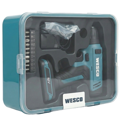 Taladro Wesco con el kit completo de accesorios que incluye cargador, soporte magnético, brocas HSS y set de 10 puntas de destornillador.