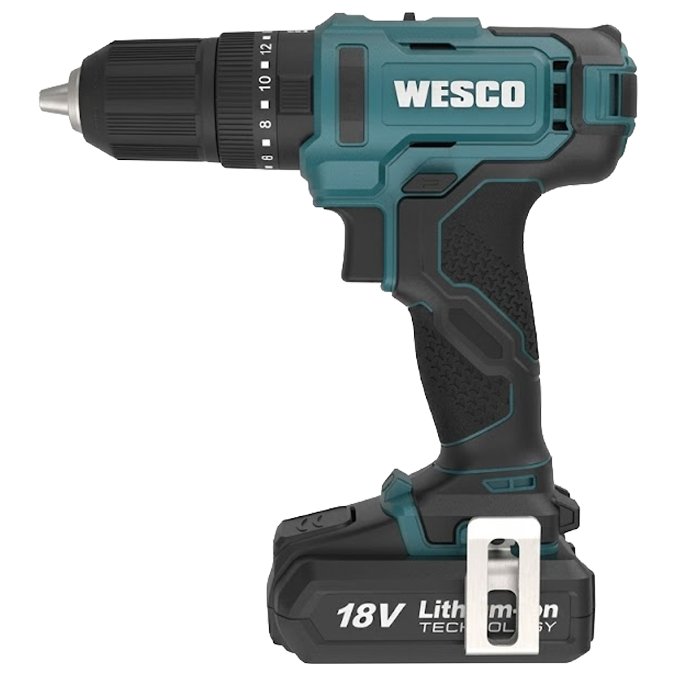 Taladro percutor a batería Wesco 18V con 50Nm de par, portabrocas de 13mm y empuñadura de goma sobremoldeada.