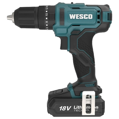 Taladro percutor a batería Wesco 18V con 50Nm de par, portabrocas de 13mm y empuñadura de goma sobremoldeada.