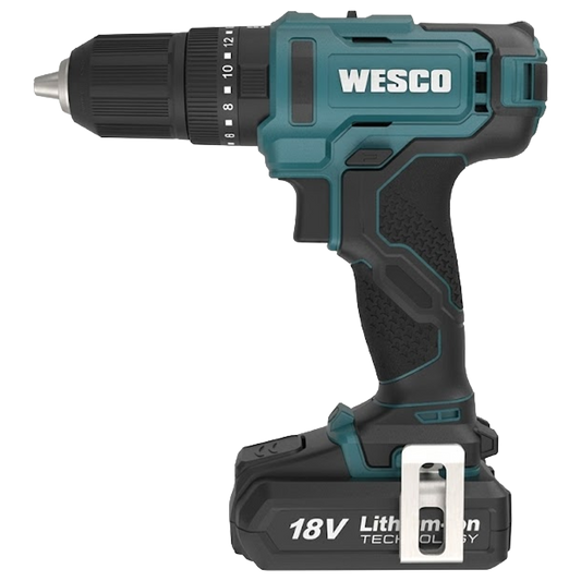 Taladro percutor a batería Wesco 18V con 50Nm de par, portabrocas de 13mm y empuñadura de goma sobremoldeada.