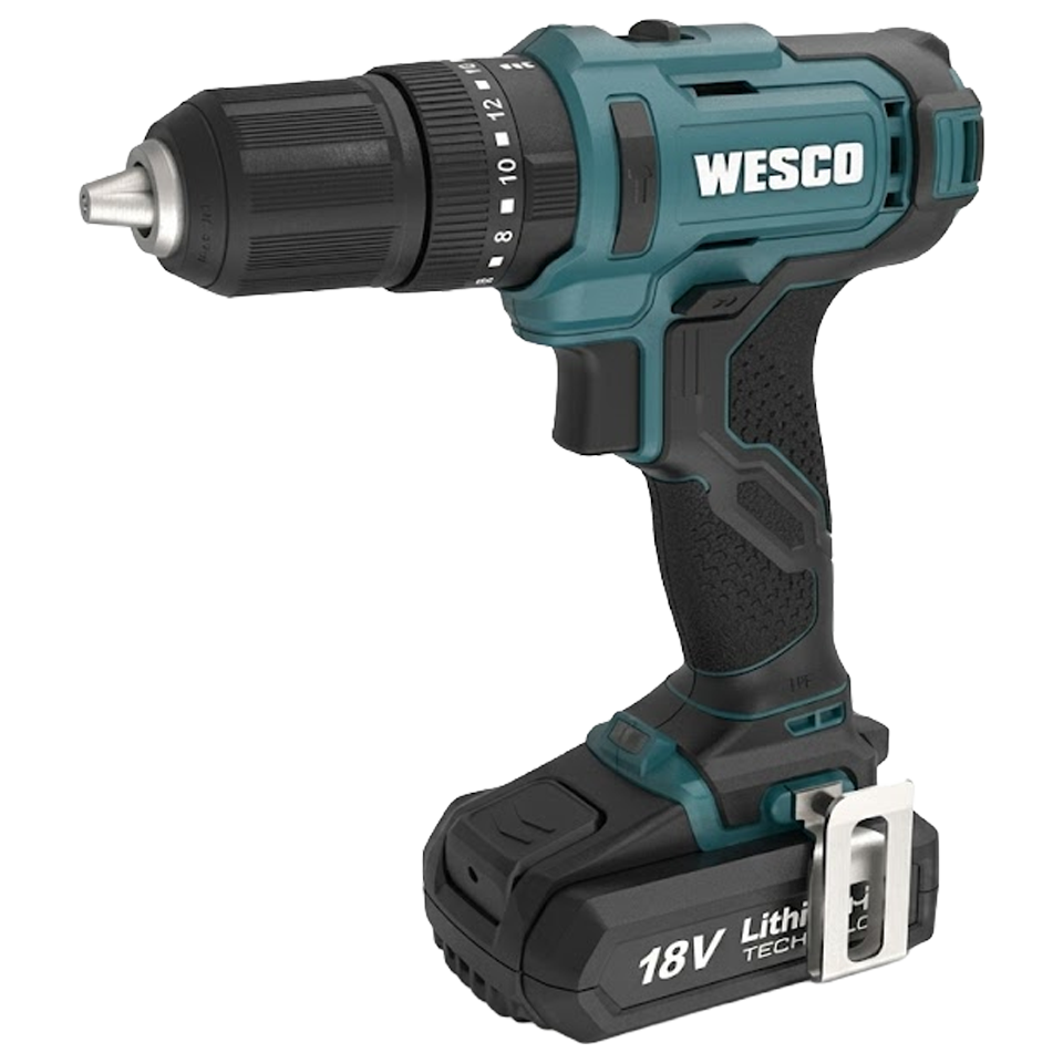 Primer plano del portabrocas sin llave de 13 mm y el selector de velocidad de dos niveles del taladro Wesco.