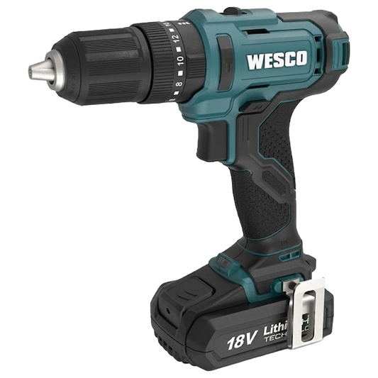 Primer plano del portabrocas sin llave de 13 mm y el selector de velocidad de dos niveles del taladro Wesco.