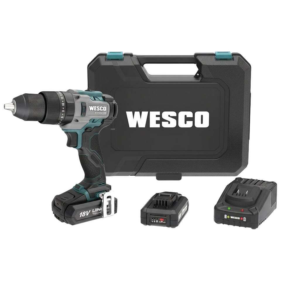 Taladro percutor Brushless Wesco 18V, 60Nm, con 2 baterías de 2.0Ah, cargador y maletín de transporte rígido.