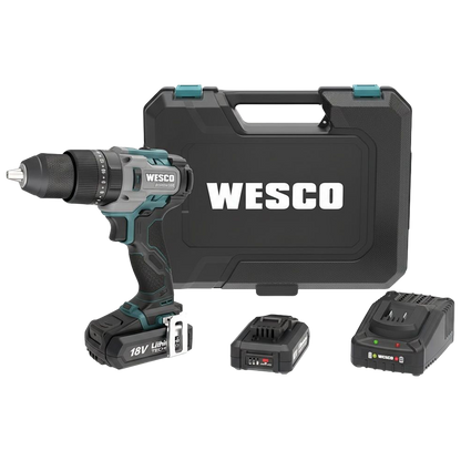 Taladro percutor Brushless Wesco 18V, 60Nm, con 2 baterías de 2.0Ah, cargador y maletín de transporte rígido.