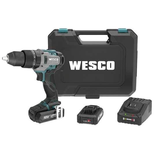 Taladro percutor Brushless Wesco 18V, 60Nm, con 2 baterías de 2.0Ah, cargador y maletín de transporte rígido.