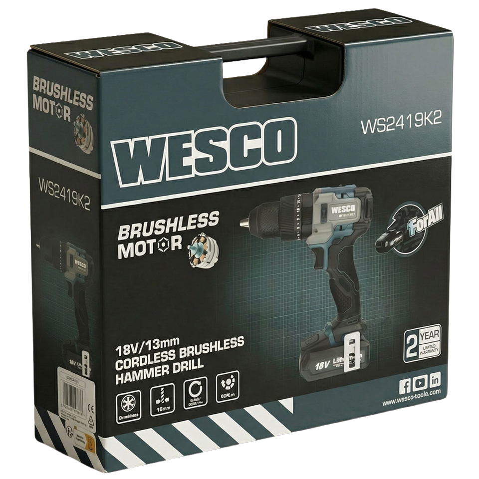 Vista completa del maletín Wesco abierto mostrando el taladro, las dos baterías, el cargador y los accesorios incluidos.
