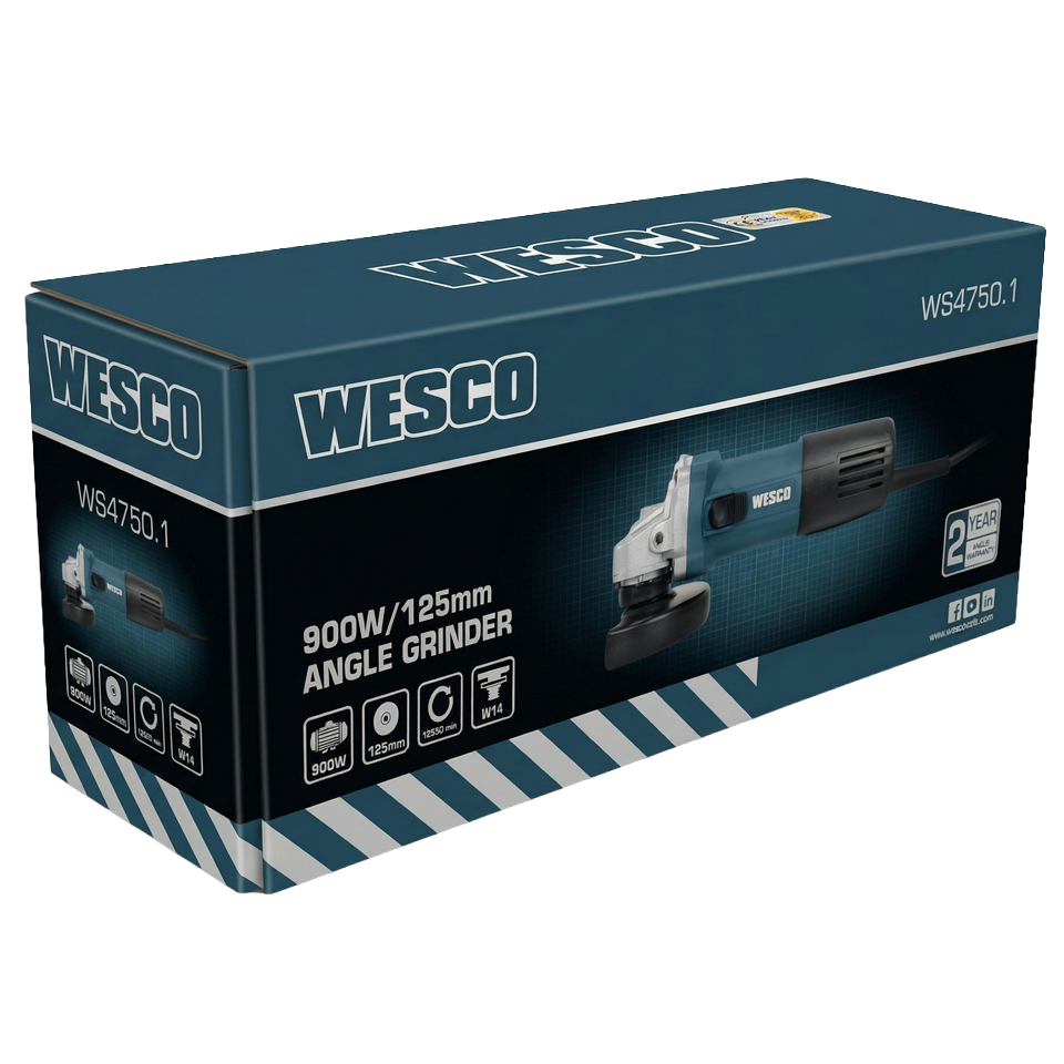 Kit de amoladora Wesco incluyendo el mango lateral, la llave inglesa, el protector metálico y el set de cepillos de carbón de recambio