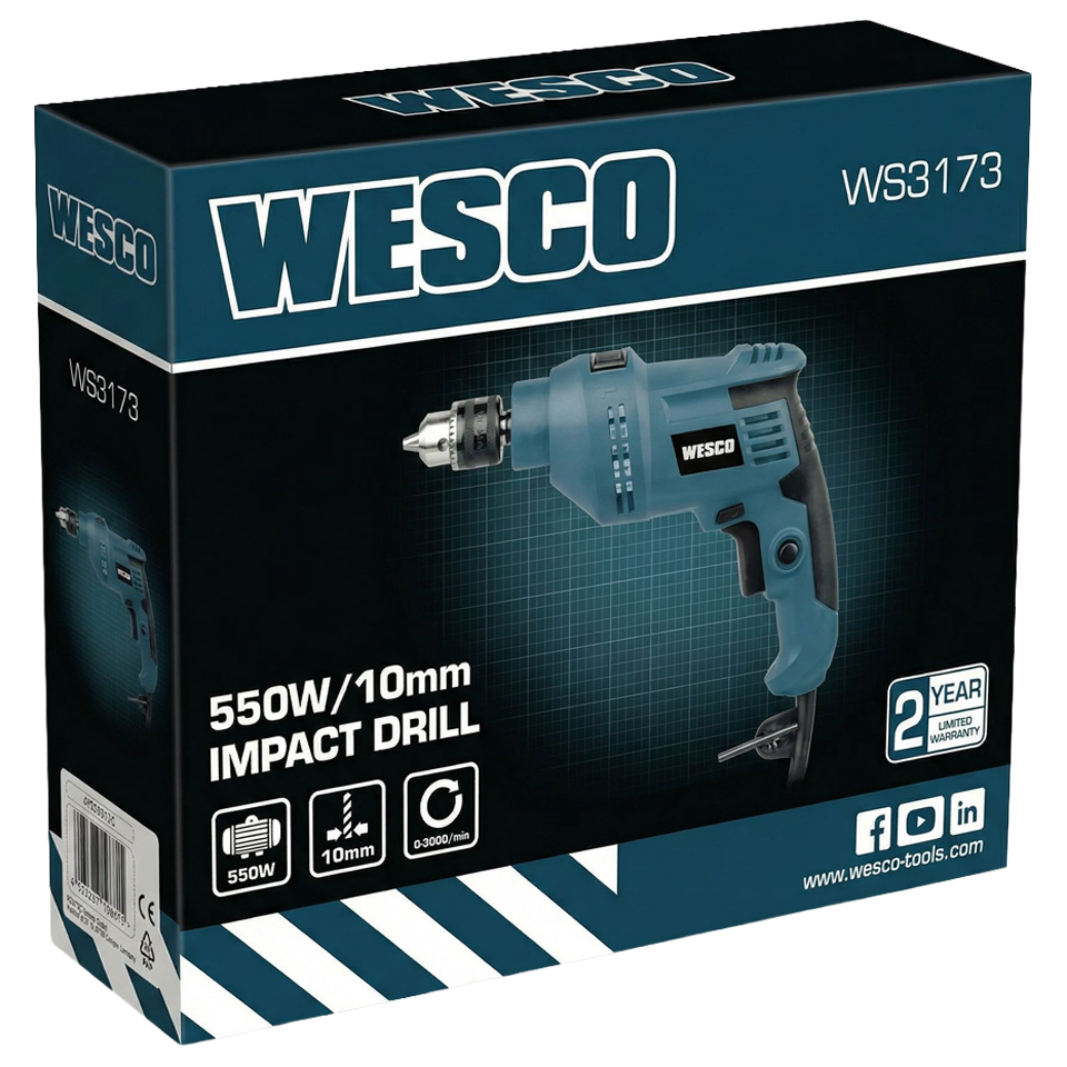 Taladro percutor Wesco 550W acompañado por su llave de ajuste de portabrocas.