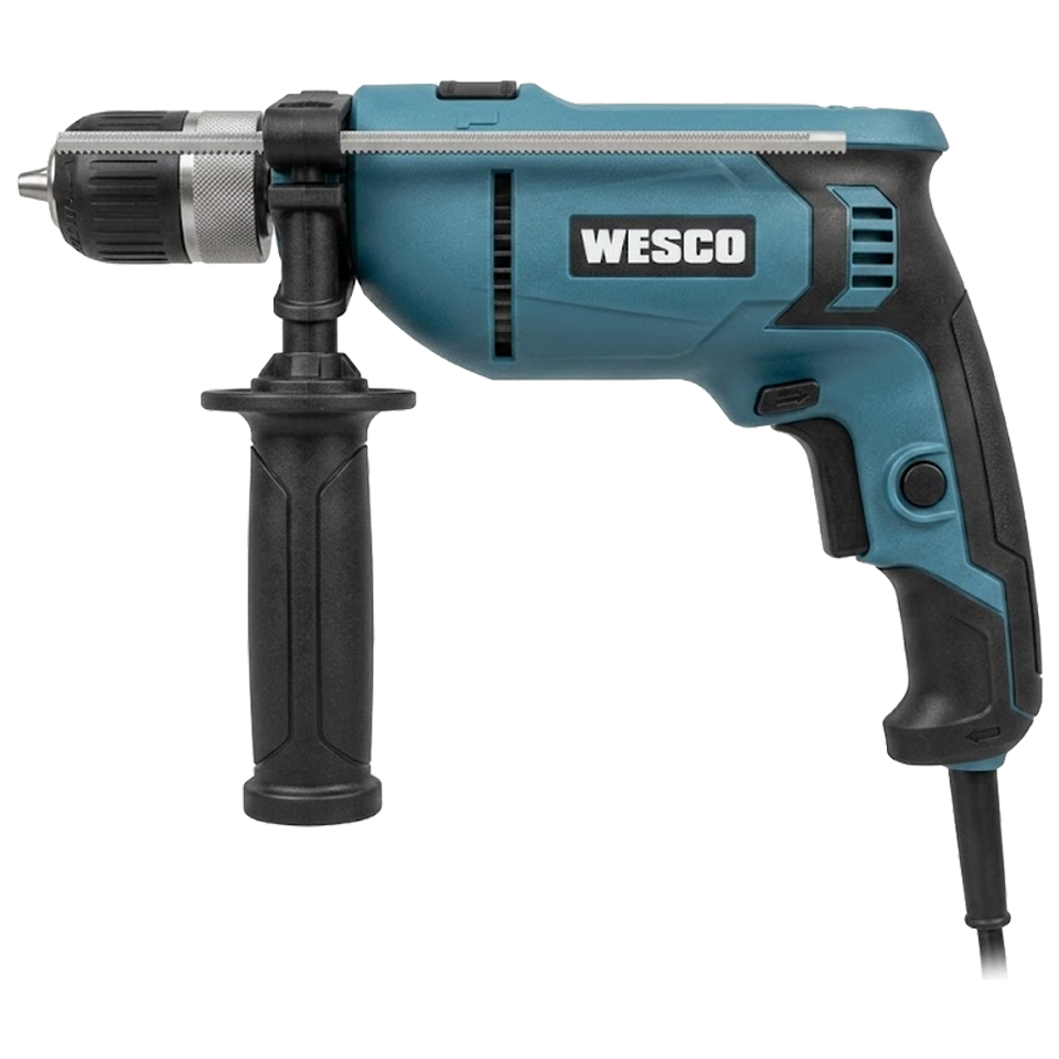 Taladro percutor Wesco de 750W con cable, portabrocas de 13mm y diseño ergonómico con empuñadura auxiliar y medidor de profundidad.