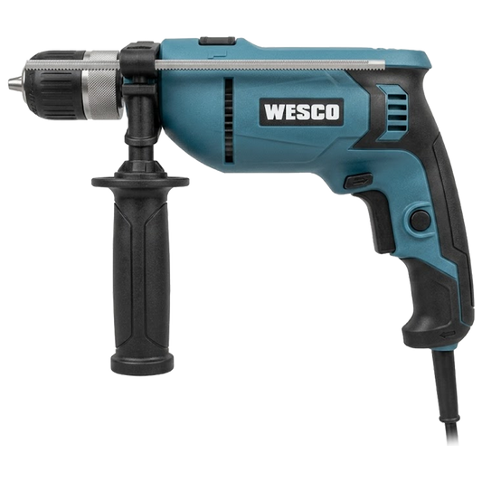Taladro percutor Wesco de 750W con cable, portabrocas de 13mm y diseño ergonómico con empuñadura auxiliar y medidor de profundidad.