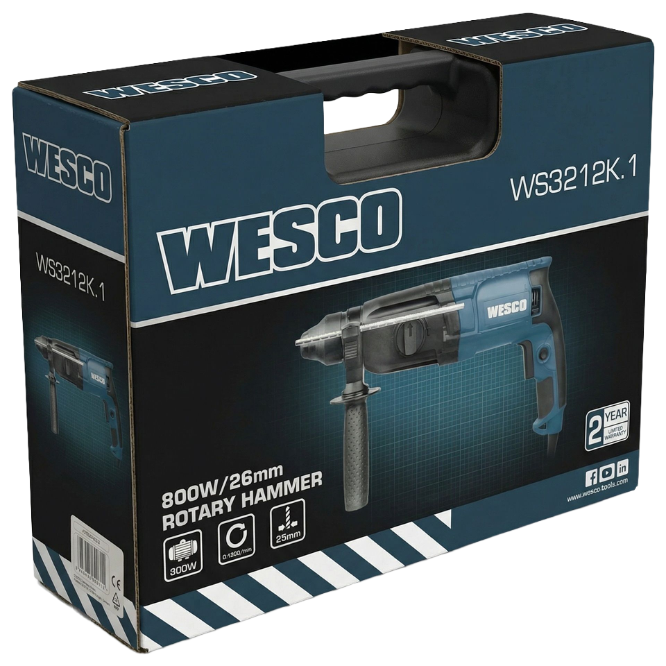 Vista detallada de los accesorios incluidos en el maletín del martillo Wesco 800W