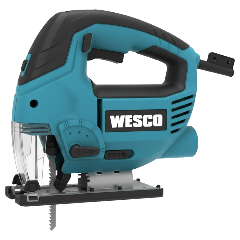 Sierra de calar Wesco 850W con placa base de aluminio, luz LED y sistema de cambio rápido de hojas.
