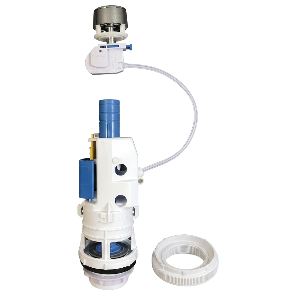 Mecanismo de descarga universal para cisterna de inodoro H2O con sistema de doble pulsador cromado y cable flexible.