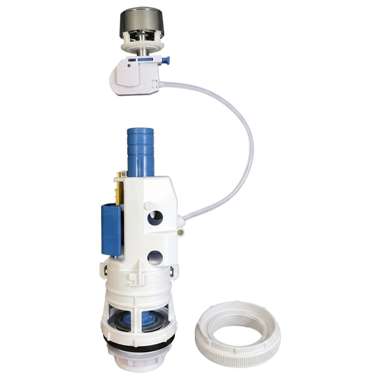 Mecanismo de descarga universal para cisterna de inodoro H2O con sistema de doble pulsador cromado y cable flexible.