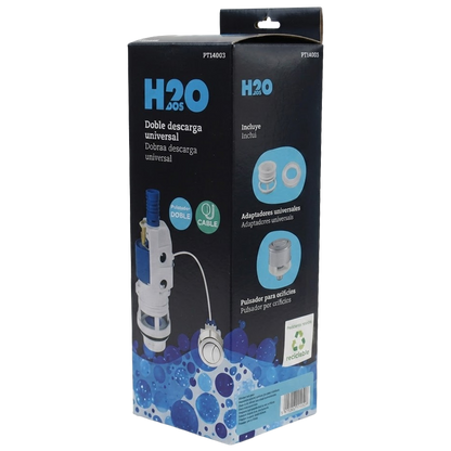 Primer plano del doble pulsador por cable H2O, mostrando el acabado cromado y el mecanismo de ahorro de agua.