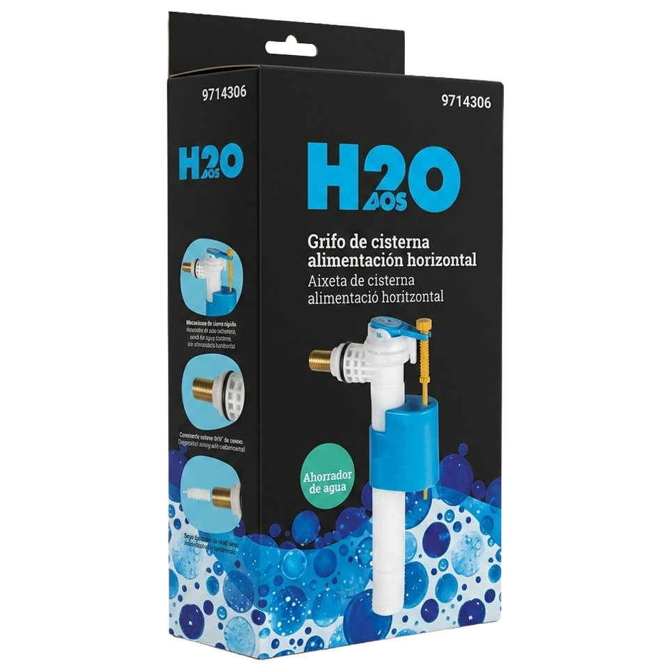 Primer plano de la rosca de latón de 3/8" y del tornillo superior de regulación de nivel del grifo de cisterna H2O.