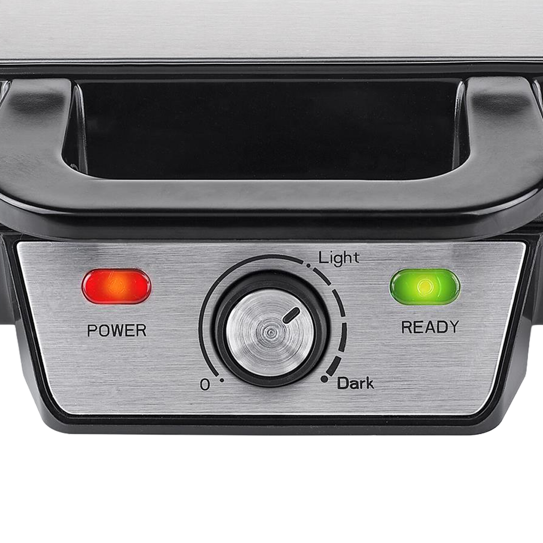 Termostato regulable y tapa de acero inoxidable gofrera Tristar 1000W.