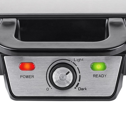 Termostato regulable y tapa de acero inoxidable gofrera Tristar 1000W.