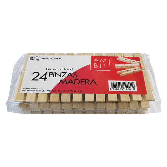 Pinzas de madera Ambit con muelle metálico de 7 vueltas pack de 24 unidades.
