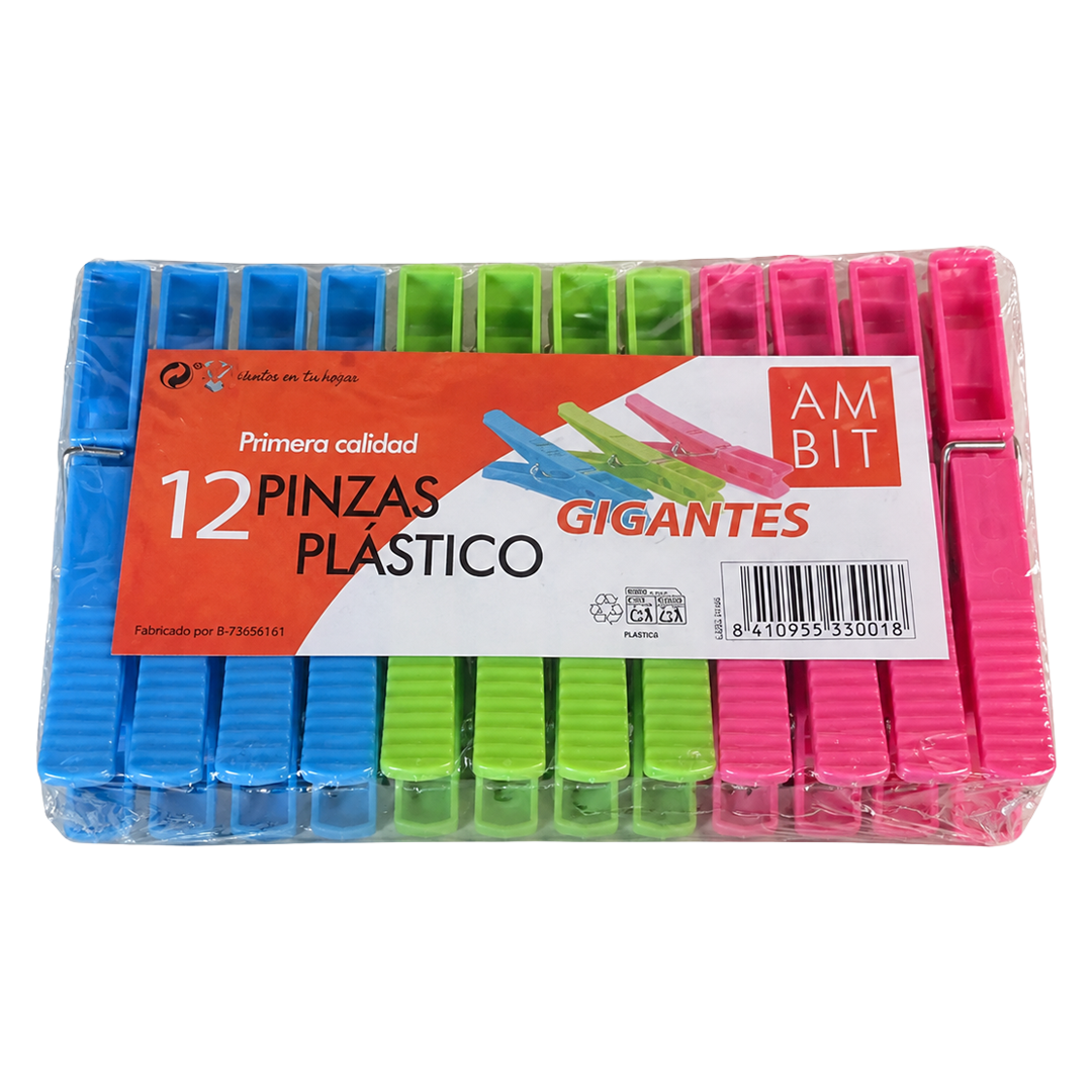 Pack de 12 pinzas de plástico gigantes Ambit Styl para sujeción de ropa.