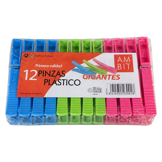 Pack de 12 pinzas de plástico gigantes Ambit Styl para sujeción de ropa.