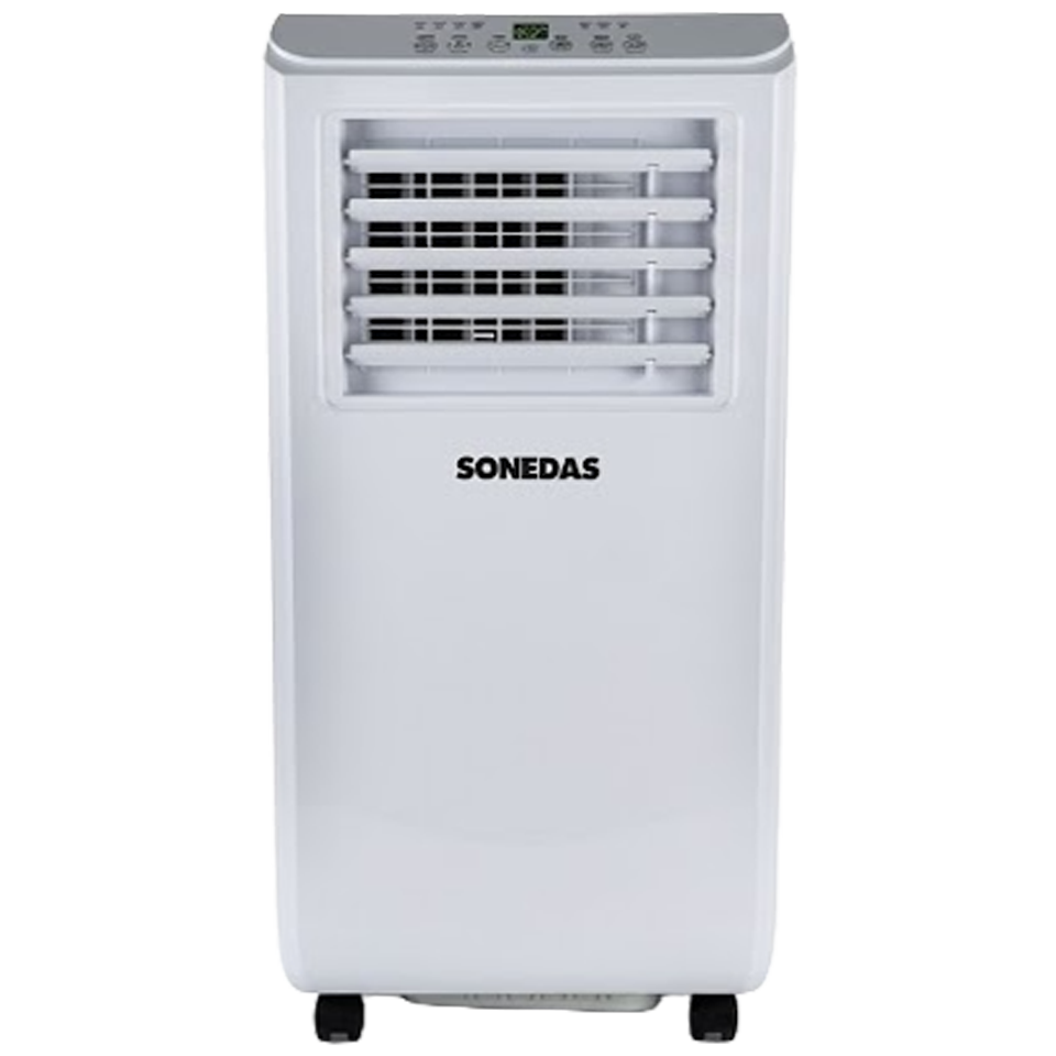 Aire acondicionado portátil blanco Sonedas de 7000 BTU con panel de control digital superior y ruedas para transporte.