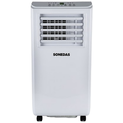 Aire acondicionado portátil blanco Sonedas de 7000 BTU con panel de control digital superior y ruedas para transporte.