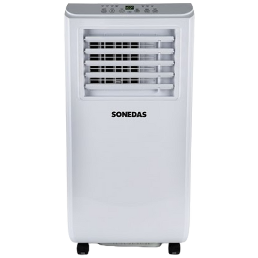 Aire acondicionado portátil blanco Sonedas de 7000 BTU con panel de control digital superior y ruedas para transporte.