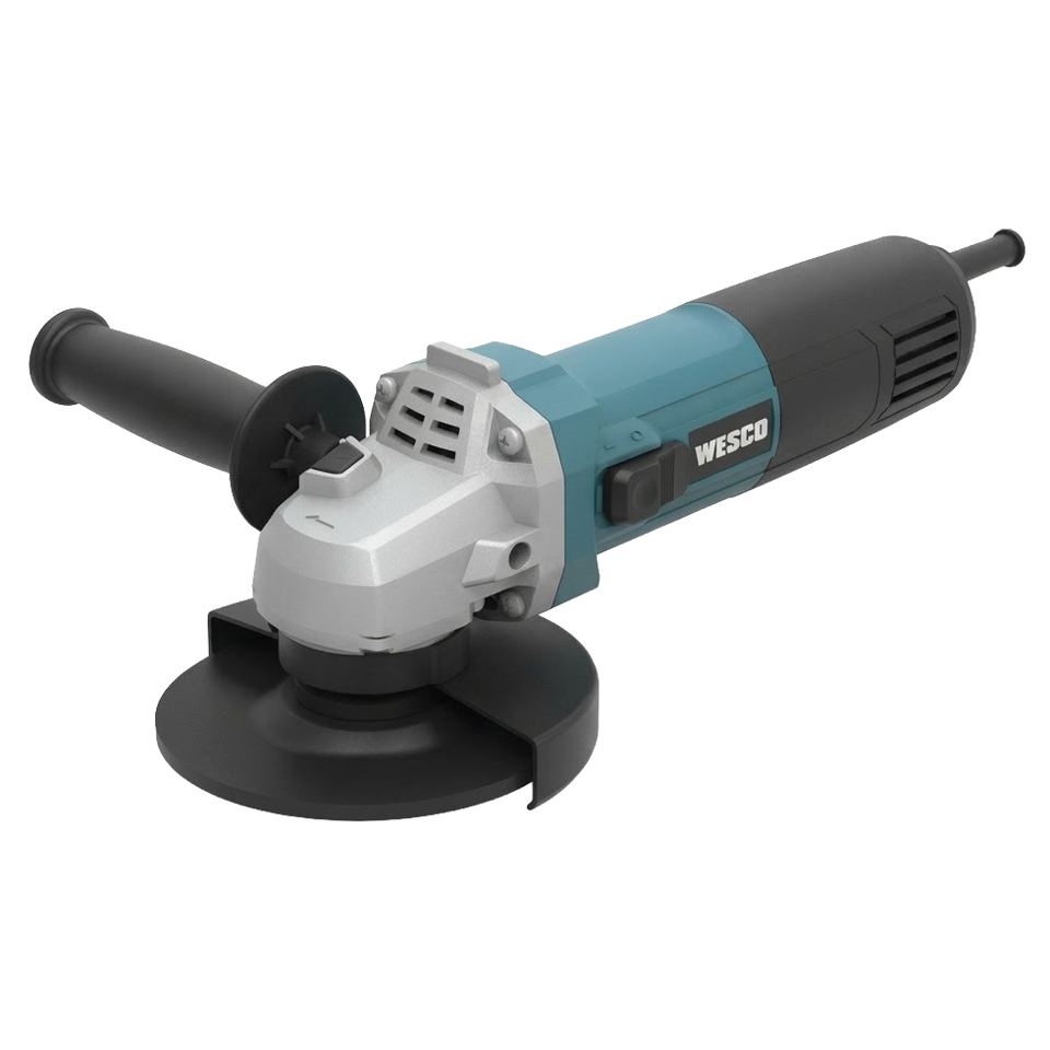 Amoladora angular con cable Wesco de 115 mm y 720W con cuerpo delgado ergonómico, mango auxiliar lateral y protector de disco.