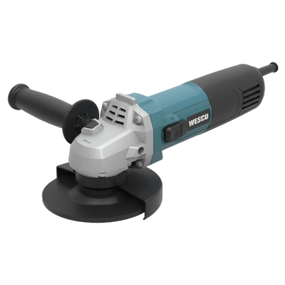 Amoladora angular con cable Wesco de 115 mm y 720W con cuerpo delgado ergonómico, mango auxiliar lateral y protector de disco.