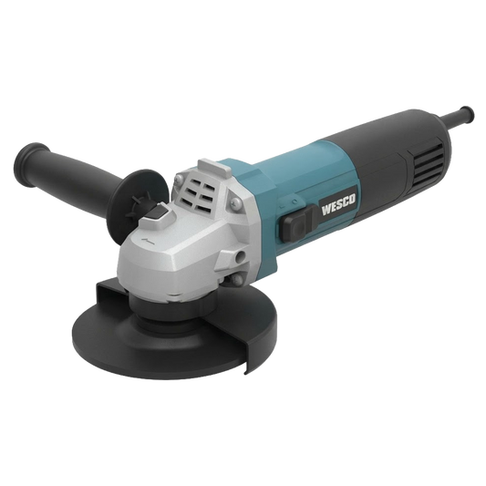 Amoladora angular con cable Wesco de 115 mm y 720W con cuerpo delgado ergonómico, mango auxiliar lateral y protector de disco.
